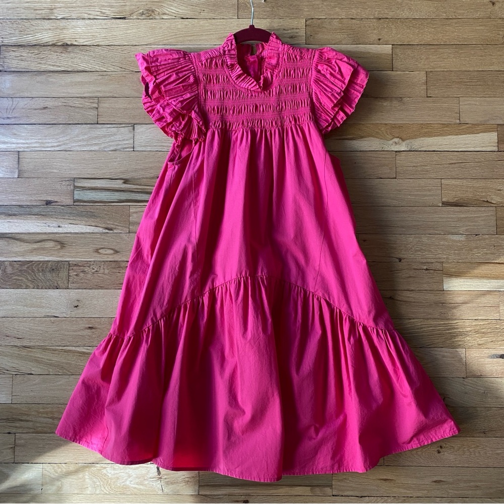 Love The Label Cotton Smocked Ruffle Dress XS - Hot Pink